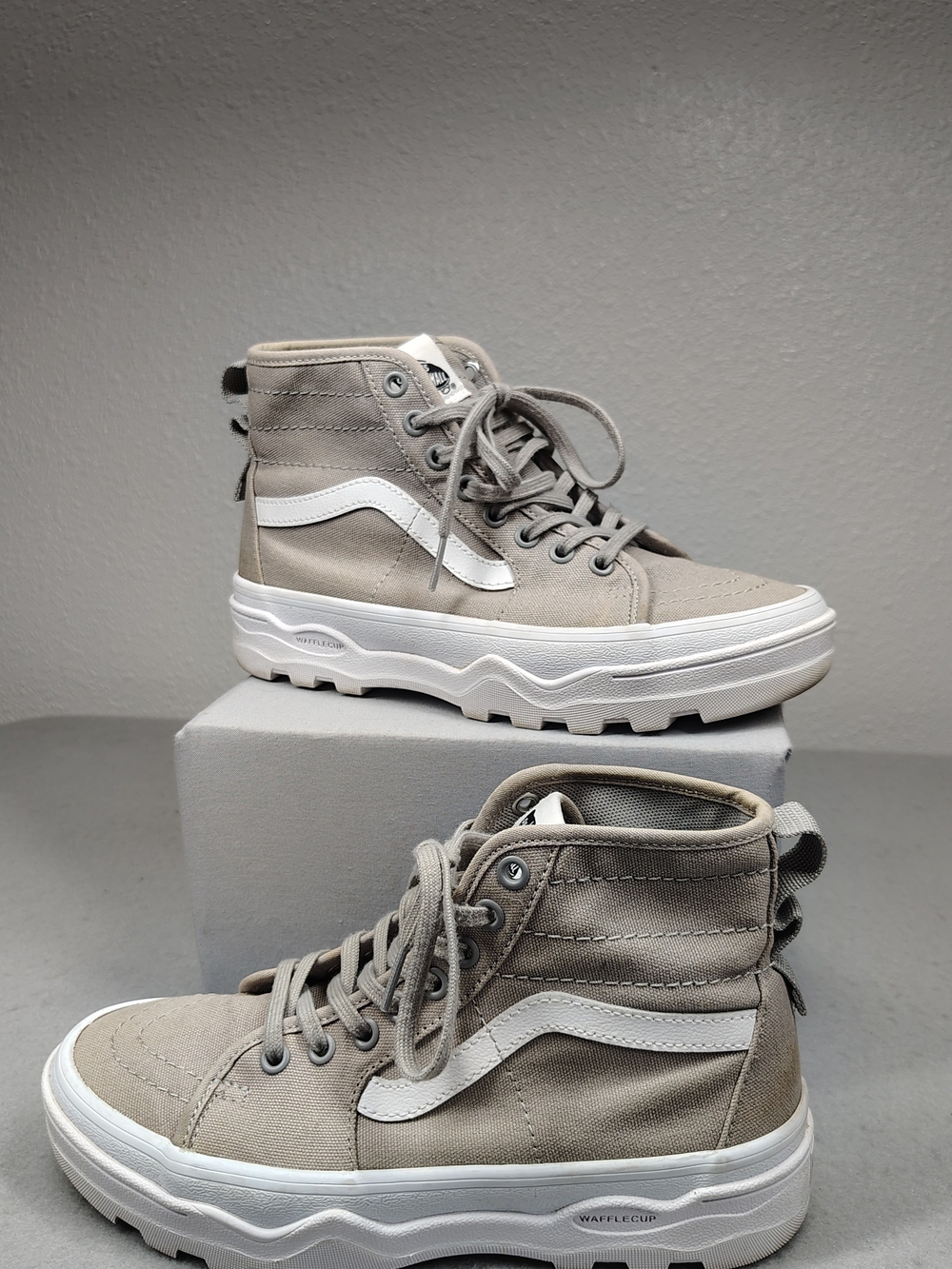 Vans High-Top Canvas Sneakers in Light Gray with White Stripe - Men Size 5.5